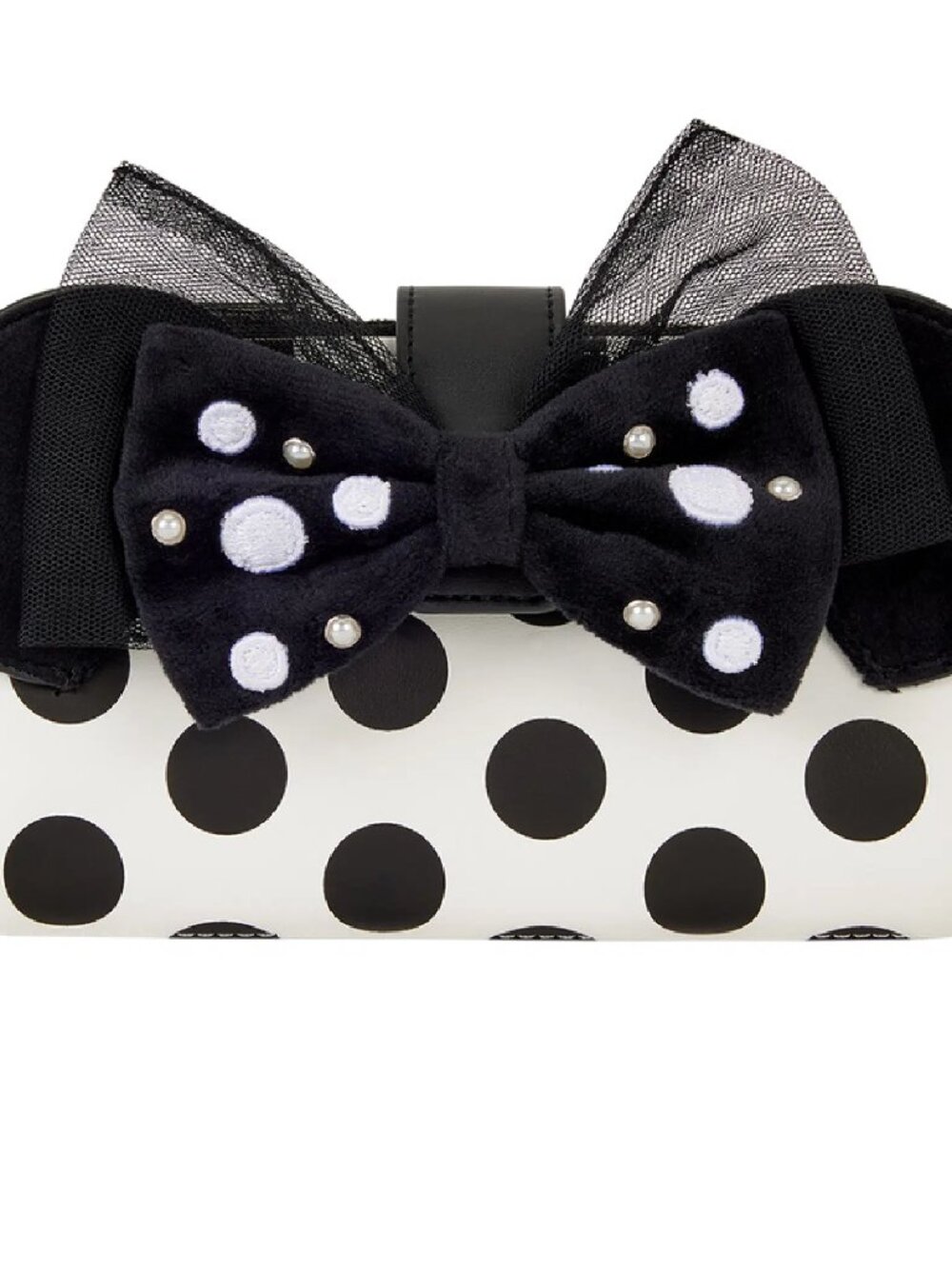 Loungefly Disney Minnie Mouse Polka Dot Pearl Wallet Black White Bow Accent New